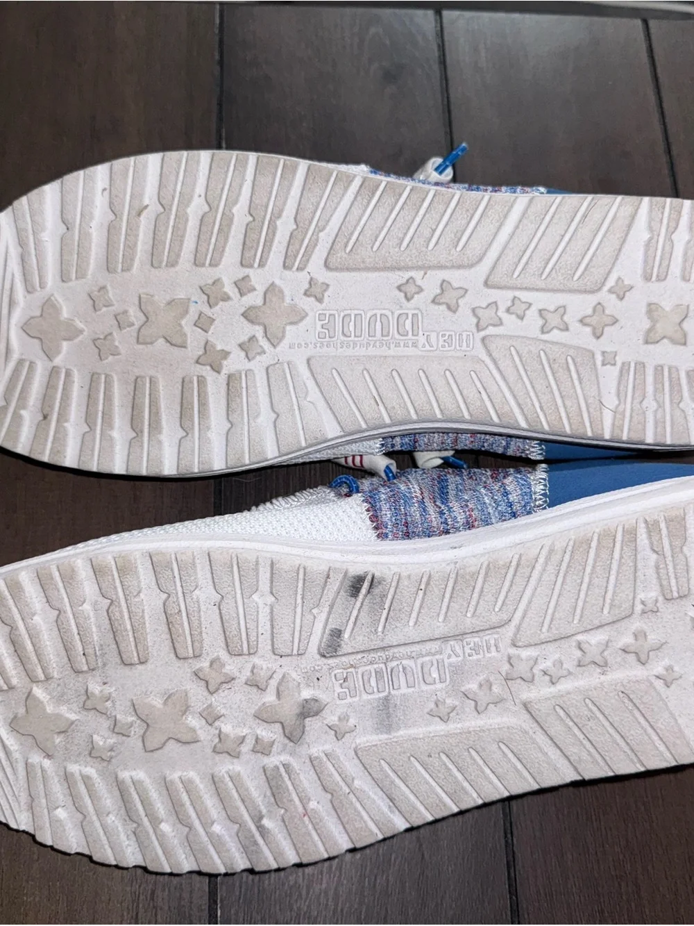Woman’s Casual Slip-On Shoes in White with Blue & Pink Accents hey dudes